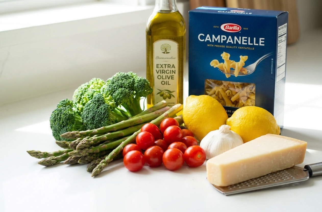 Fresh vegetables, cherry tomatoes, lemons, garlic, Parmesan, olive oil, and a box of pasta arranged on a bright kitchen counter