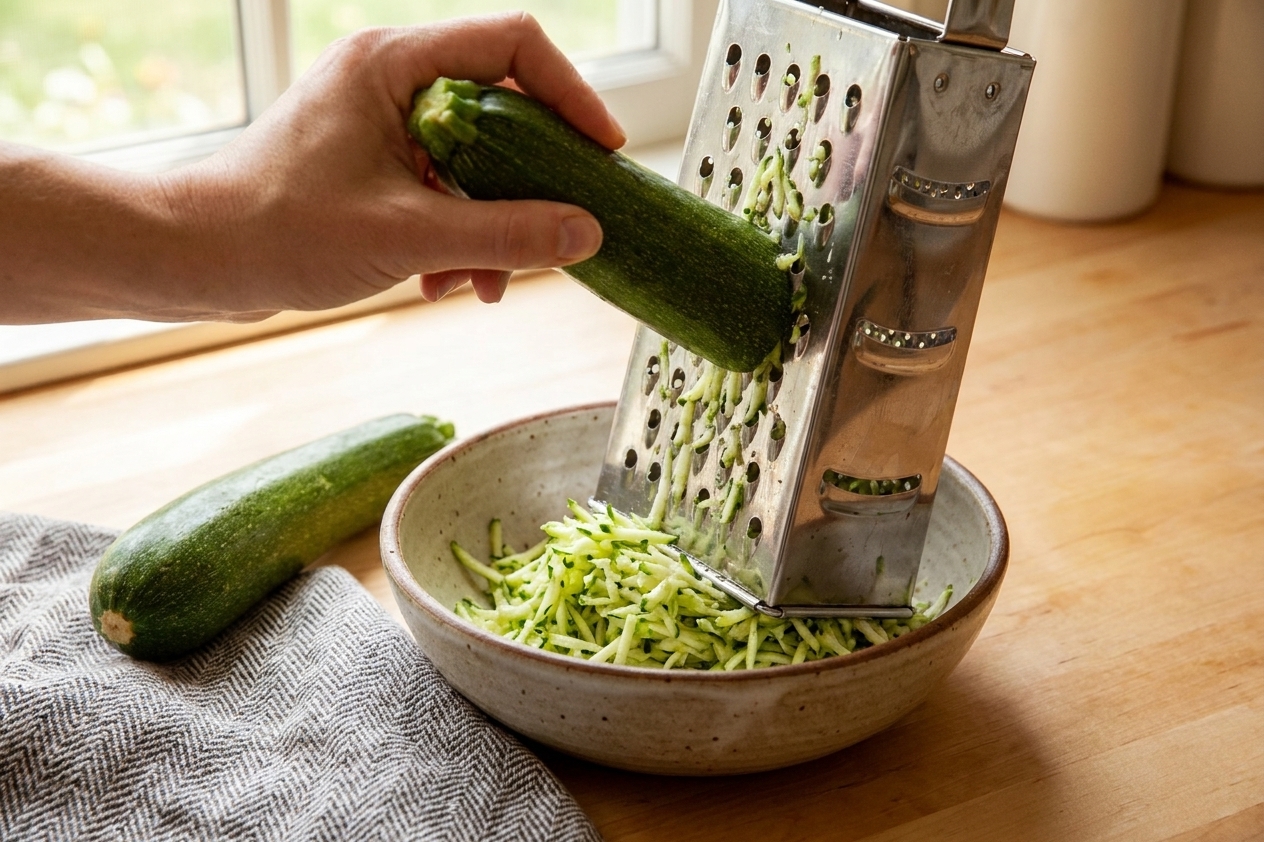 Fresh zucchini being grated on the large holes of a box grater into a bowl