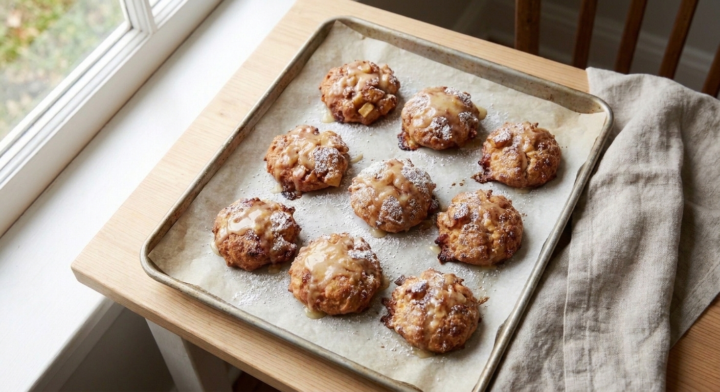 Freshly baked apple fritters on a parchment-lined sheet pan, golden on top with visible apple pieces