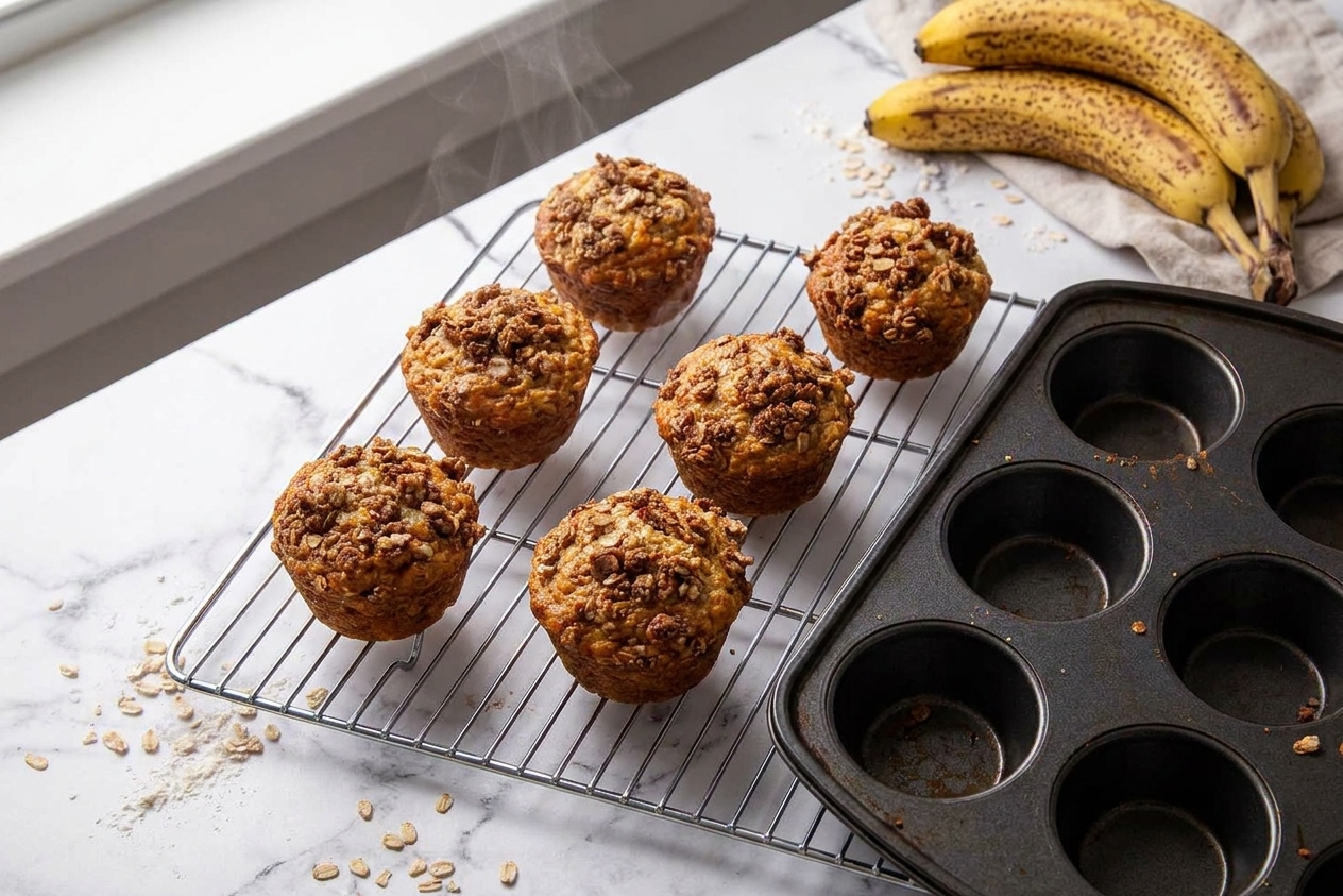 Freshly baked banana oat muffins cooling on a wire rack with a muffin pan nearby
