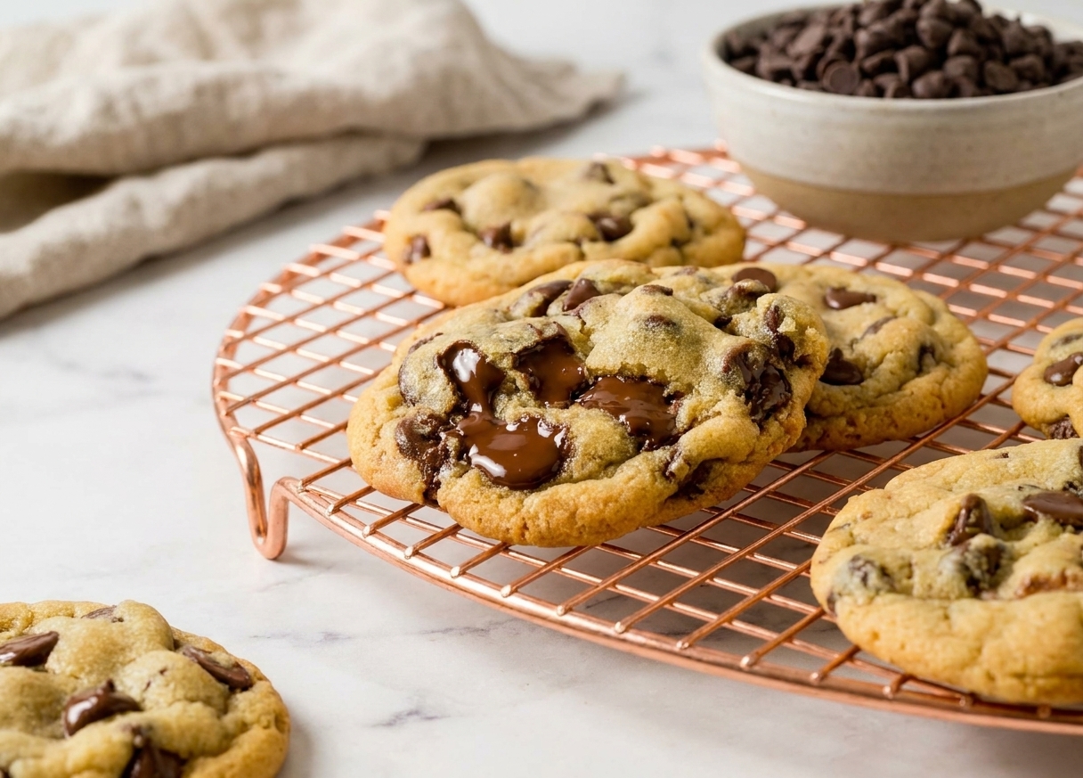 Freshly baked chocolate chip cookies cooling on a wire rack with melted chocolate still glossy