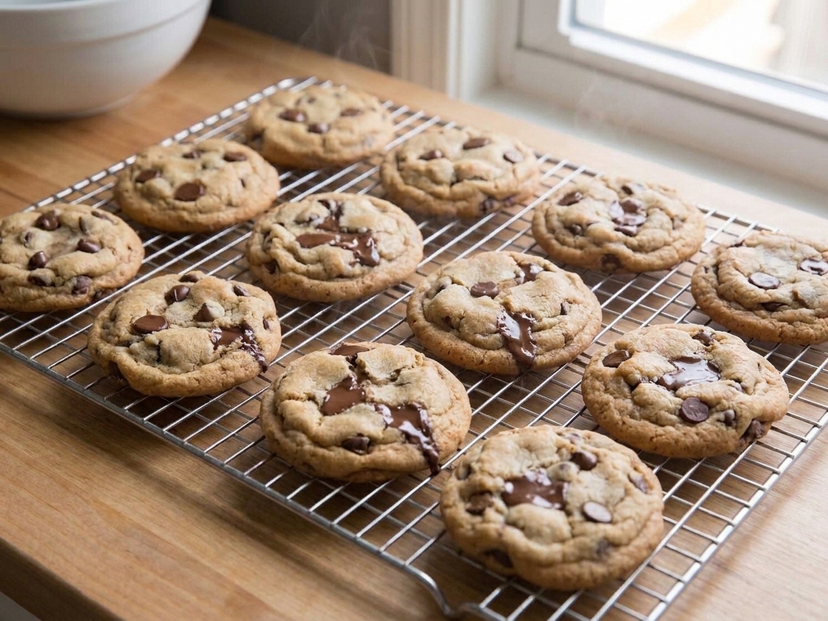 Freshly baked chocolate chip cookies cooling on a wire rack with melted chocolate puddles and golden edges