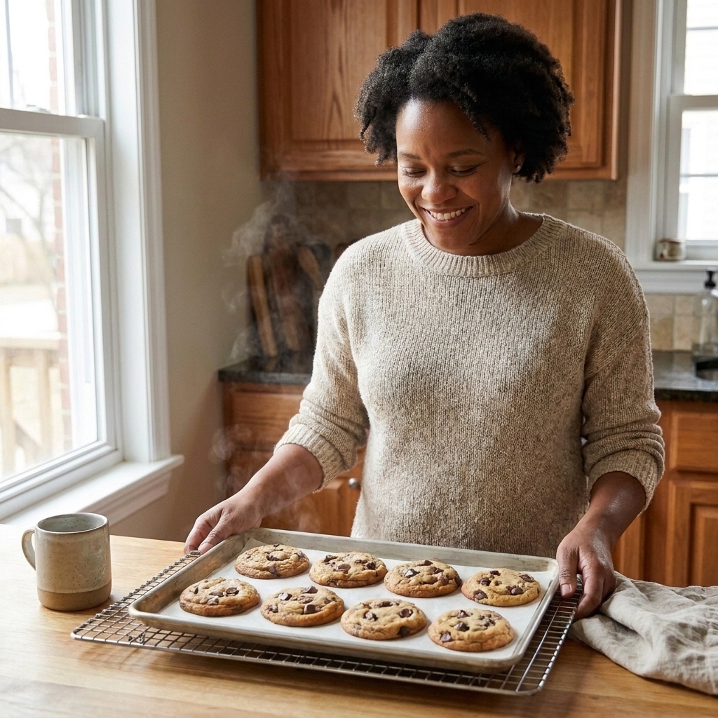 Freshly baked chocolate chip cookies resting on a hot baking sheet with slightly soft centers