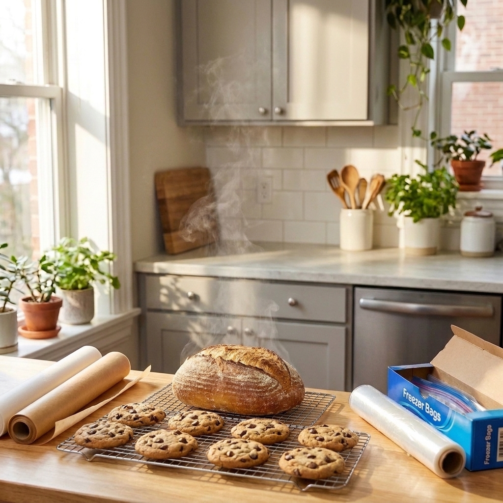 Freshly baked cookies and a loaf of bread cooling on wire racks on a bright kitchen counter
