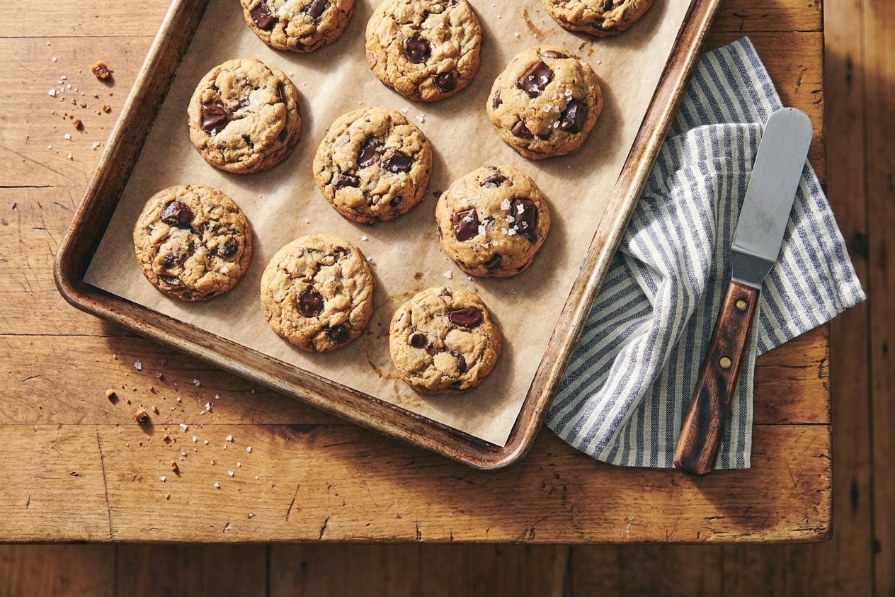 Freshly baked cookies cooling on a parchment-lined baking sheet on a wooden kitchen counter