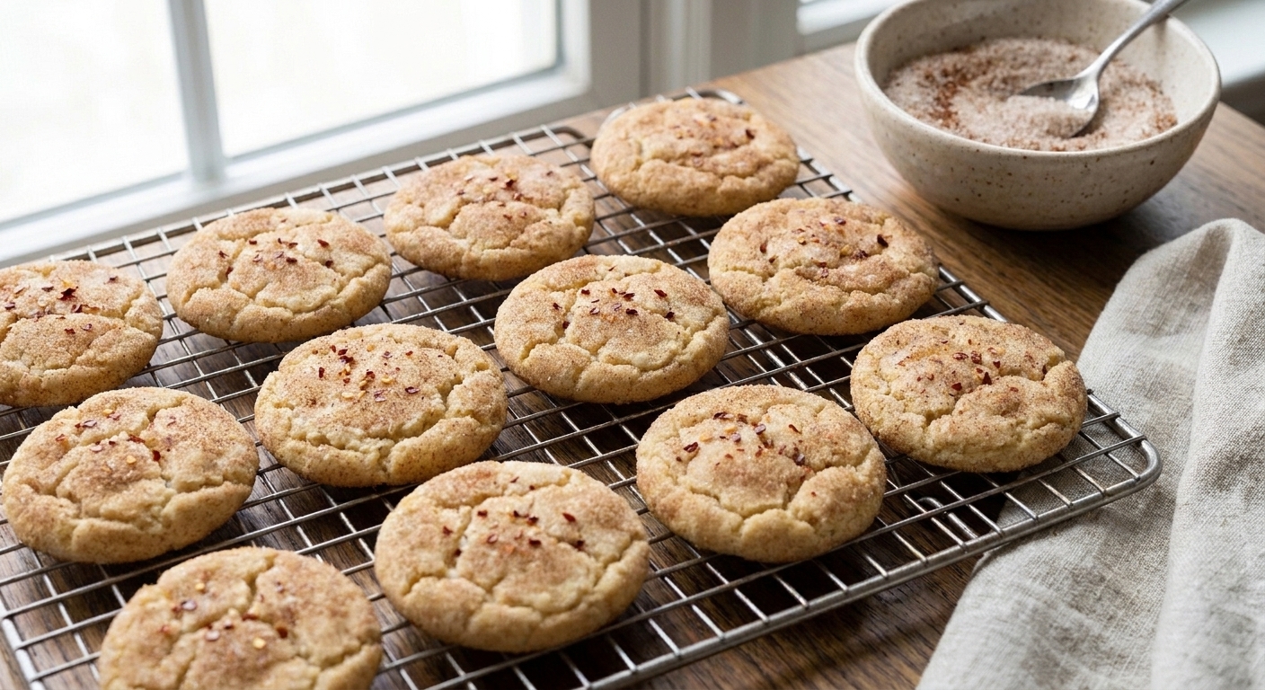 Freshly baked sweet and spicy sugar cookies cooling on a wire rack