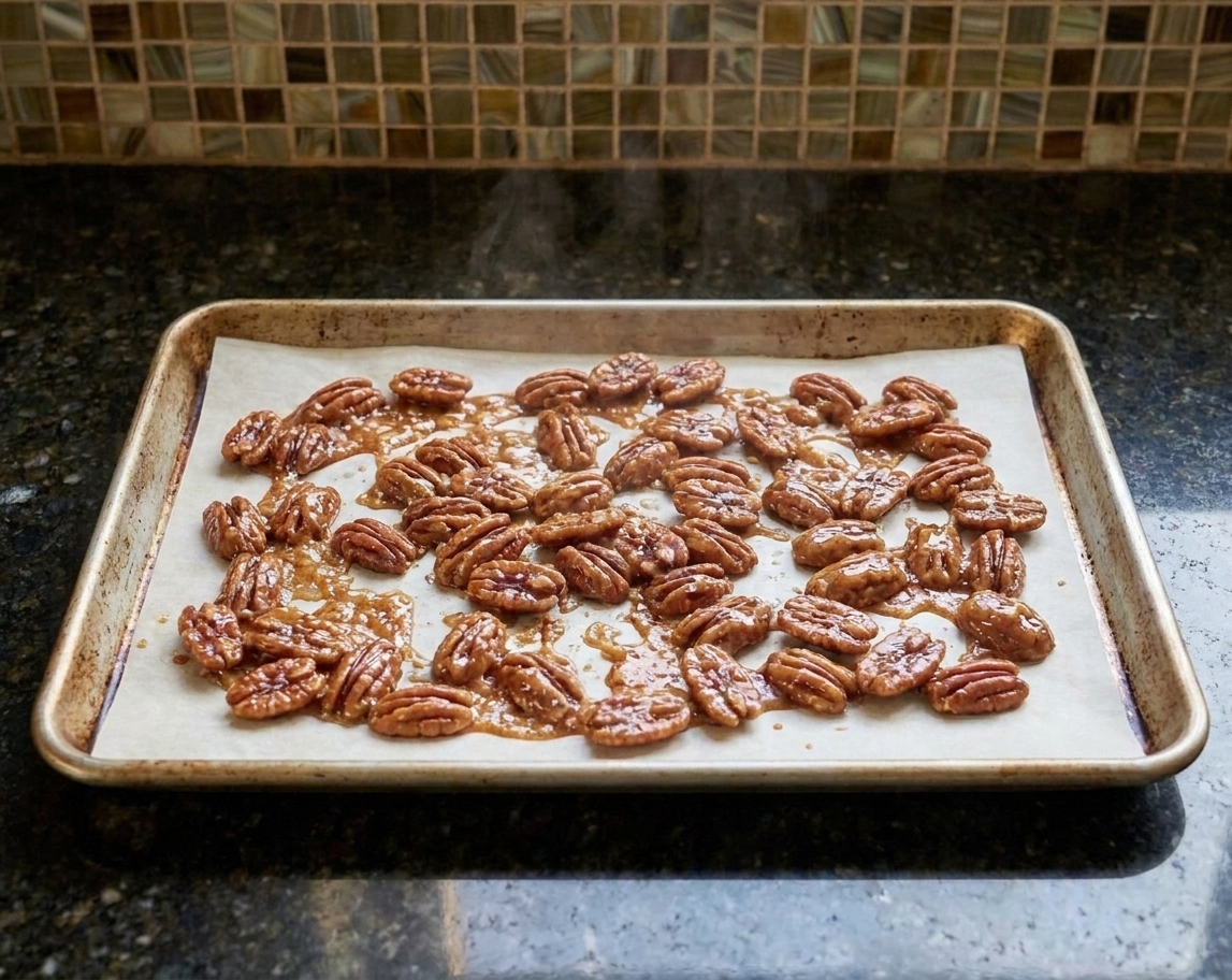 Freshly coated praline pecans cooling on parchment paper on a rimmed baking sheet