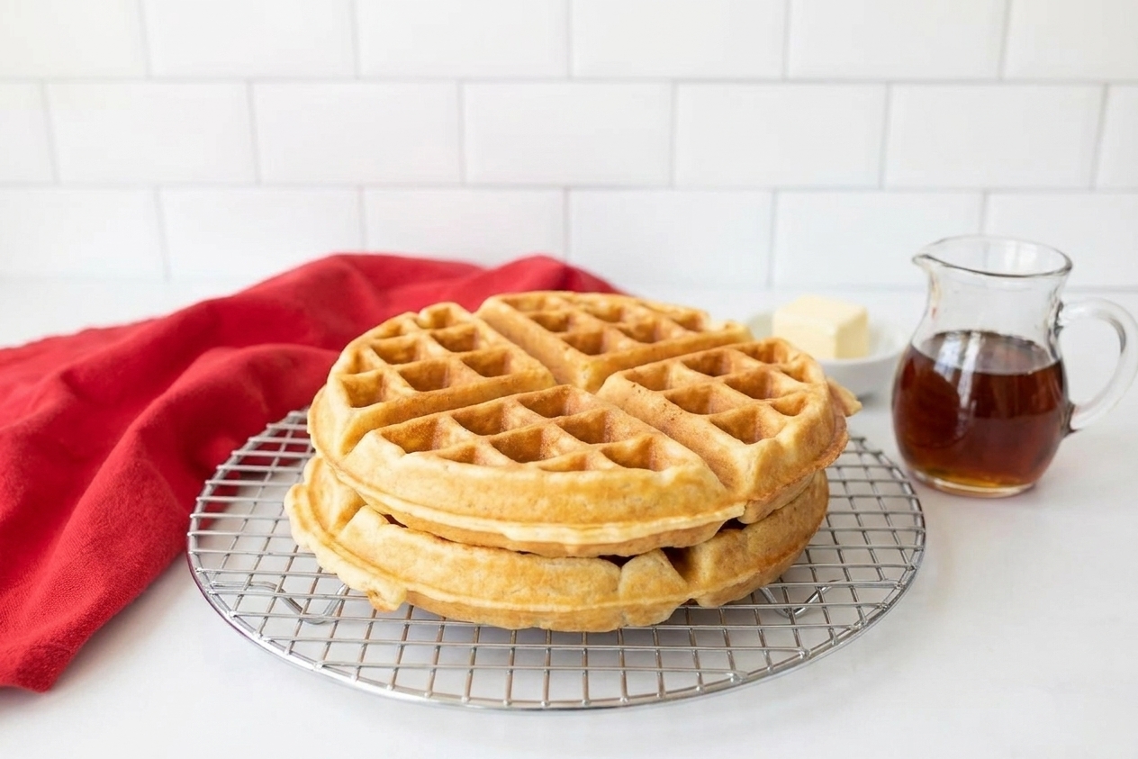 Freshly cooked golden waffles resting on a wire cooling rack on a kitchen counter