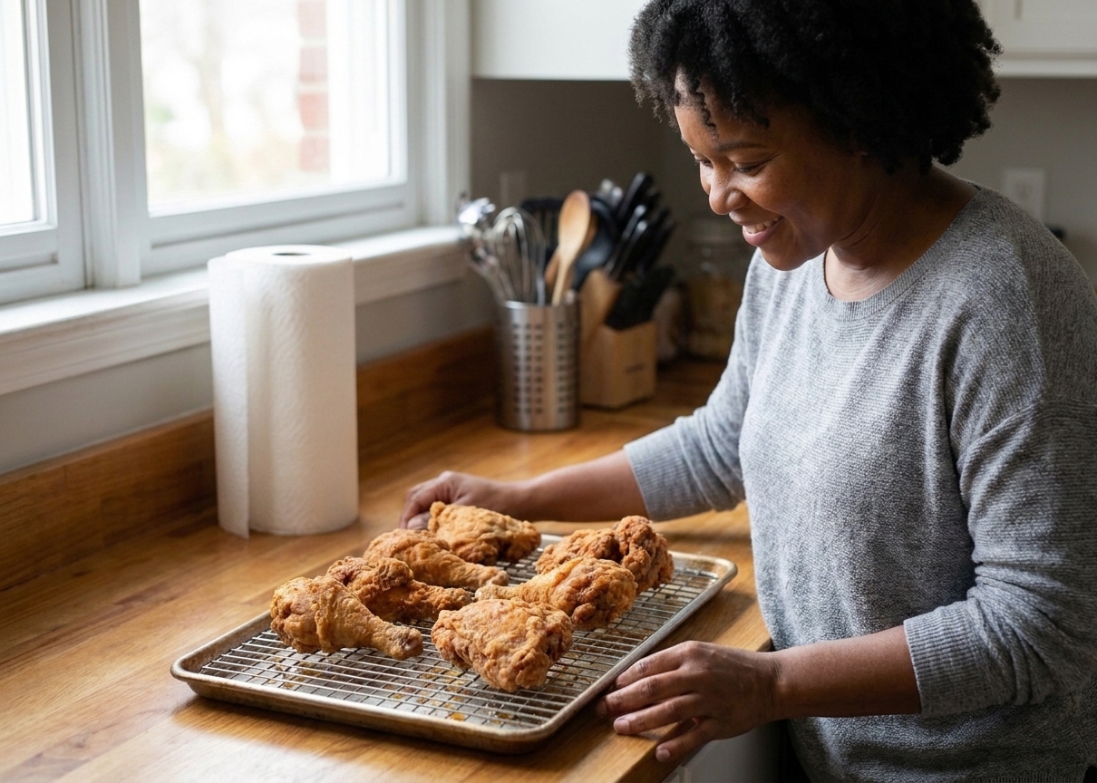 Freshly fried chicken pieces resting on a wire rack set over a baking sheet on a kitchen counter