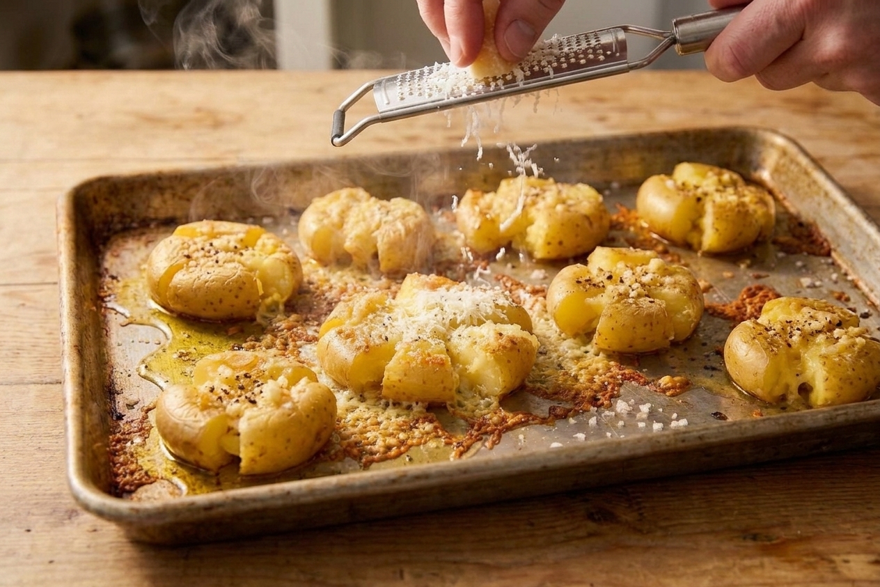 Freshly grated Parmesan being sprinkled over hot smashed potatoes on a sheet pan, with steam rising