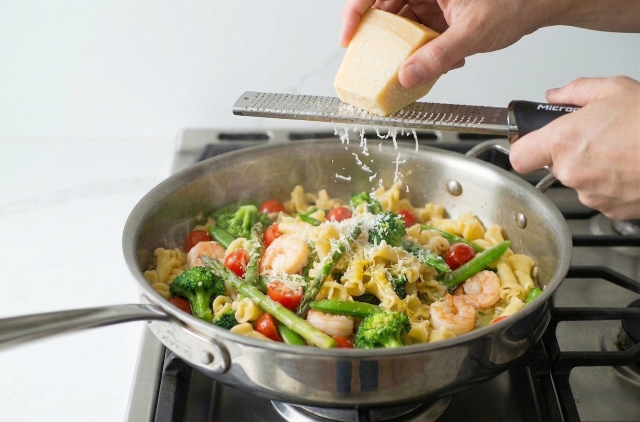 Freshly grated Parmesan falling over a skillet of pasta primavera on a home stove