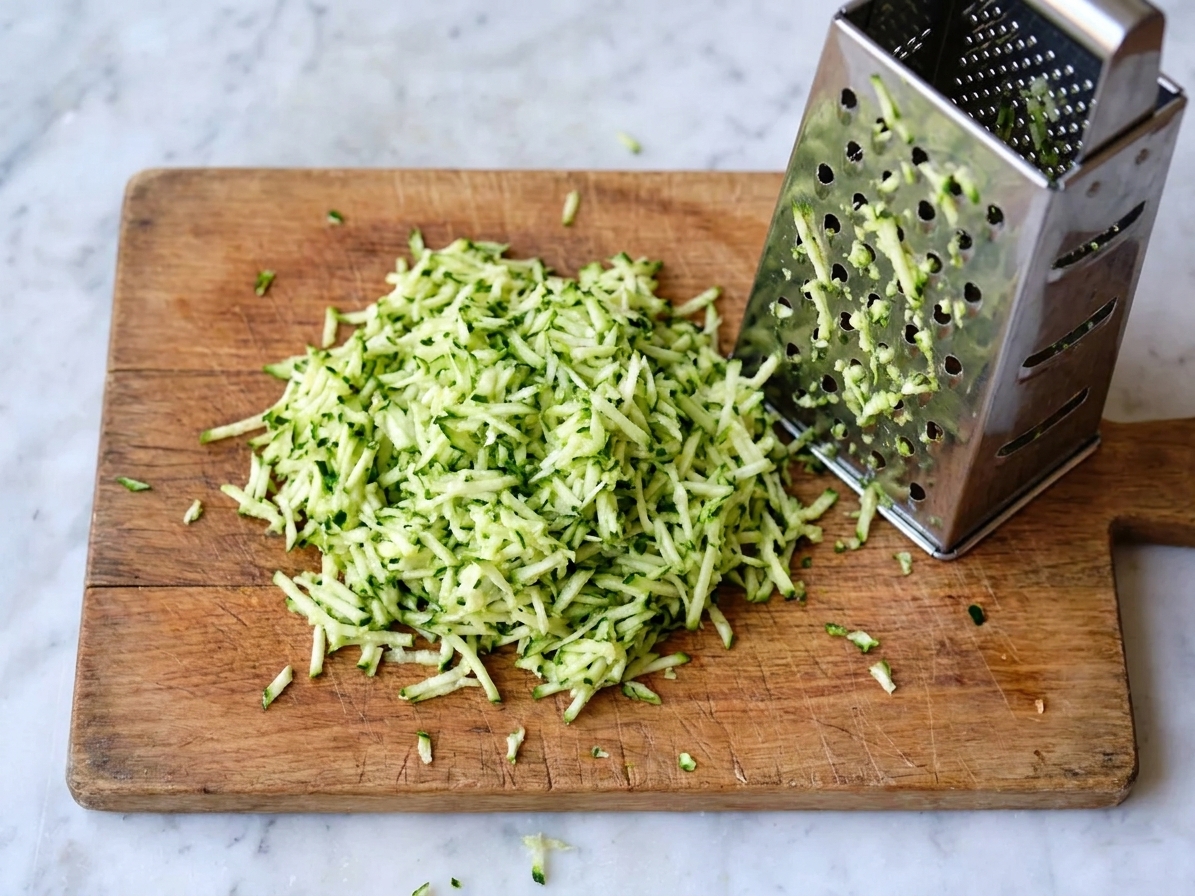 Freshly grated zucchini piled on a cutting board beside a box grater on a kitchen counter