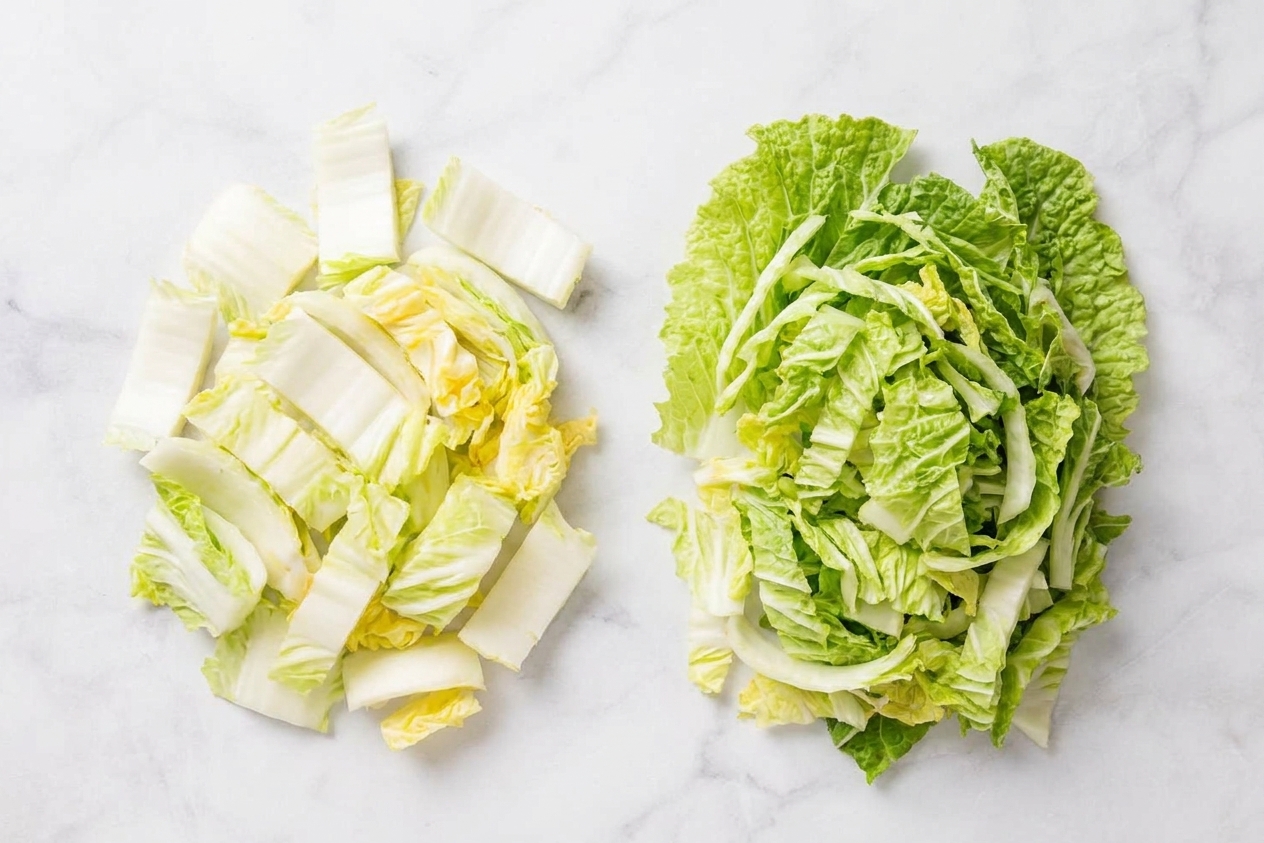 Freshly sliced Napa cabbage with the thicker white ribs separated from the leafy green tops