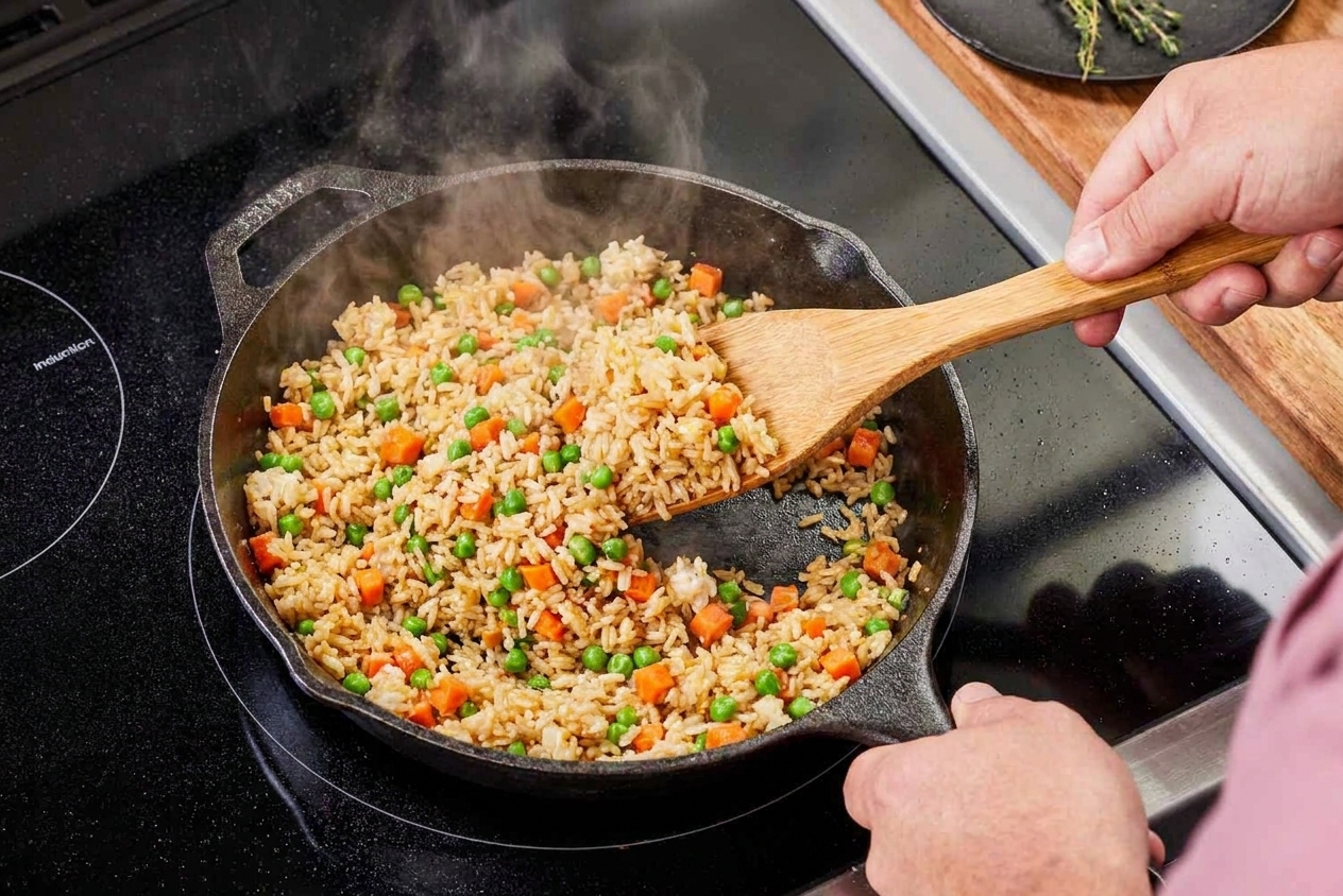 Fried rice tossed in a skillet with visible steam rising, peas and carrots mixed in, and a spatula mid-stir
