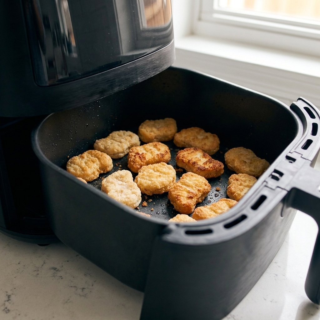 Frozen chicken nuggets cooking in an air fryer basket with golden edges starting to brown