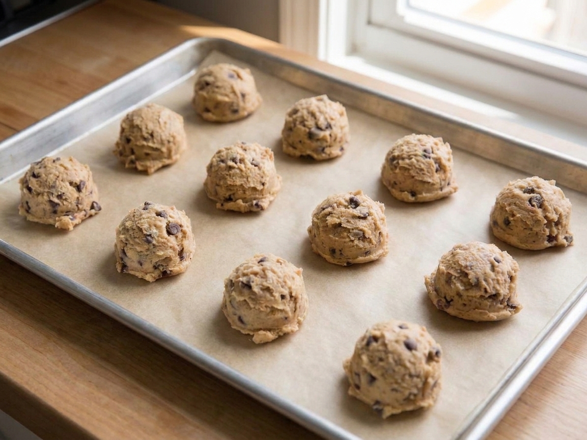 Frozen chocolate chip cookie dough balls arranged on a metal tray lined with parchment paper