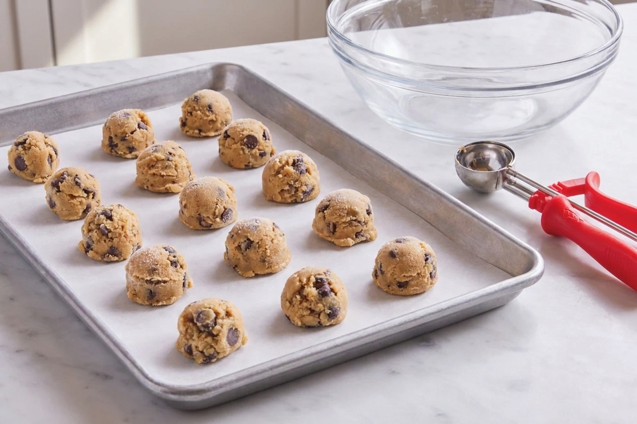Frozen chocolate chip cookie dough balls arranged in a single layer on a parchment-lined baking sheet in a home kitchen
