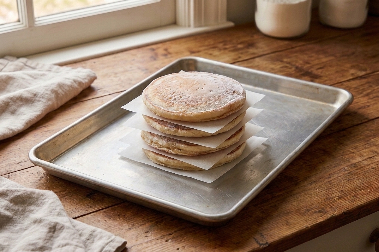 Frozen pancakes stacked with parchment paper between layers on a baking sheet