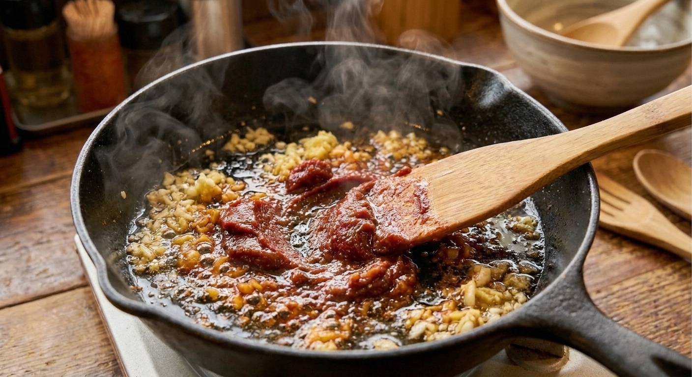 Garlic and ginger sizzling in a skillet with tomato paste being stirred until it darkens and turns fragrant