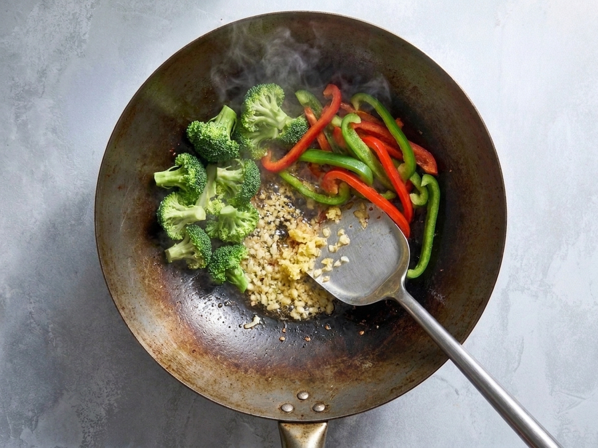 Garlic and ginger sizzling in the center of a skillet surrounded by broccoli and sliced peppers