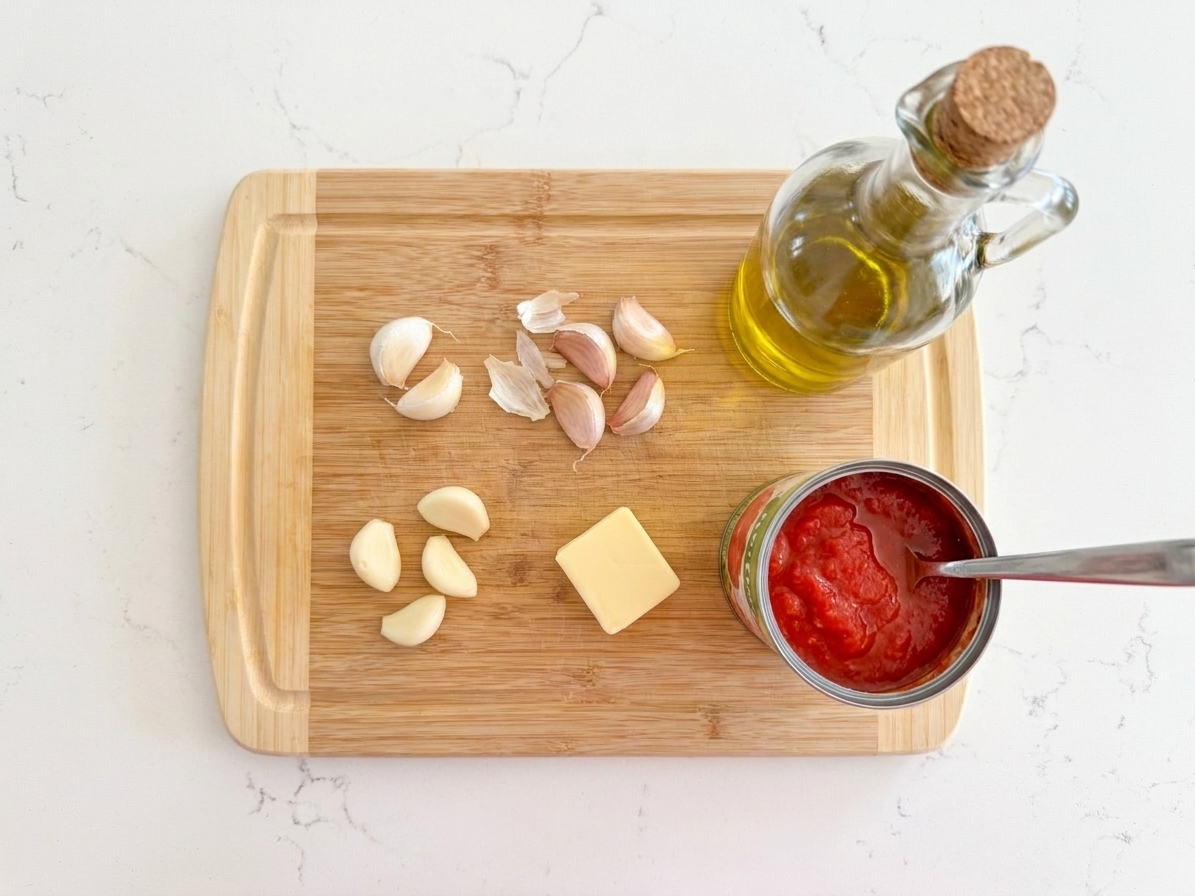 Garlic cloves, an open can of crushed tomatoes, and a knob of butter on a cutting board next to a bottle of olive oil