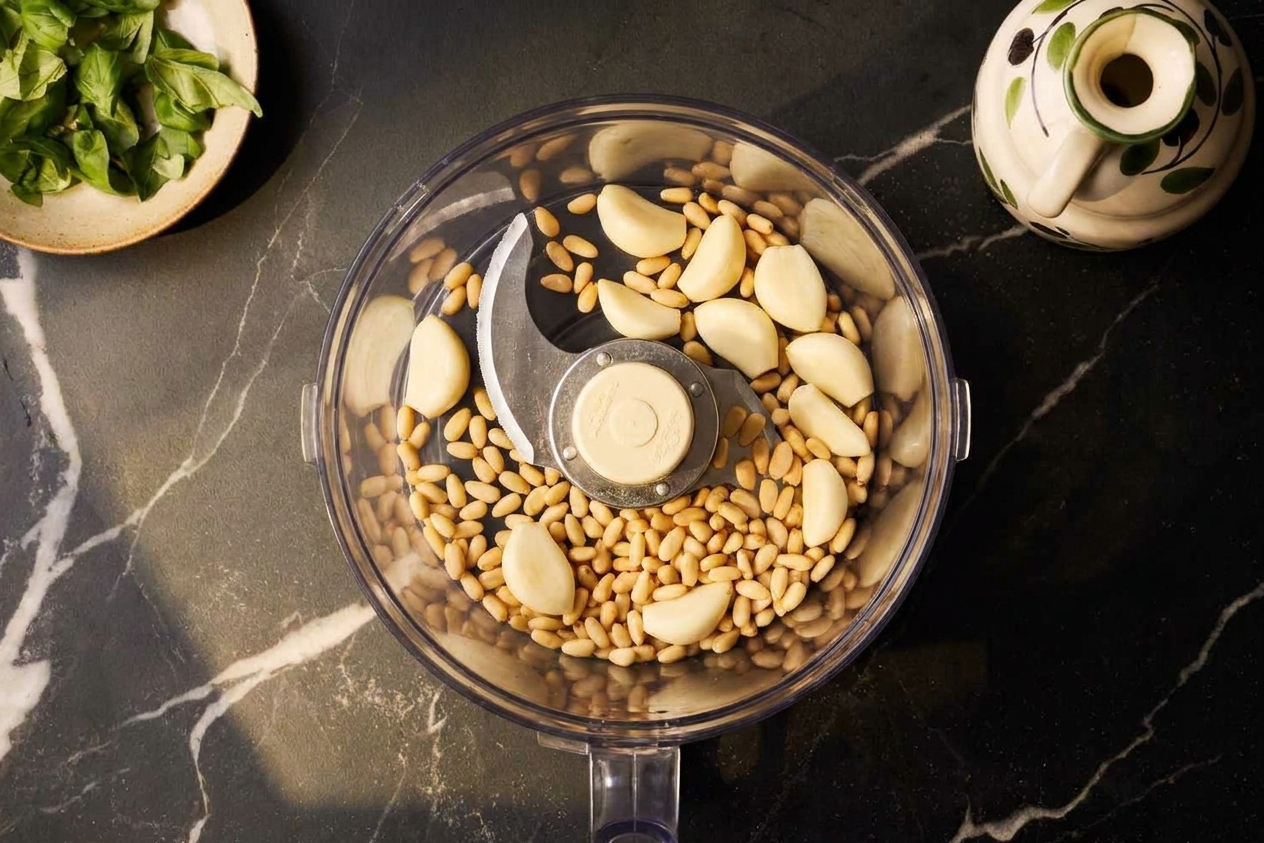 Garlic cloves and pine nuts in the bowl of a food processor before blending