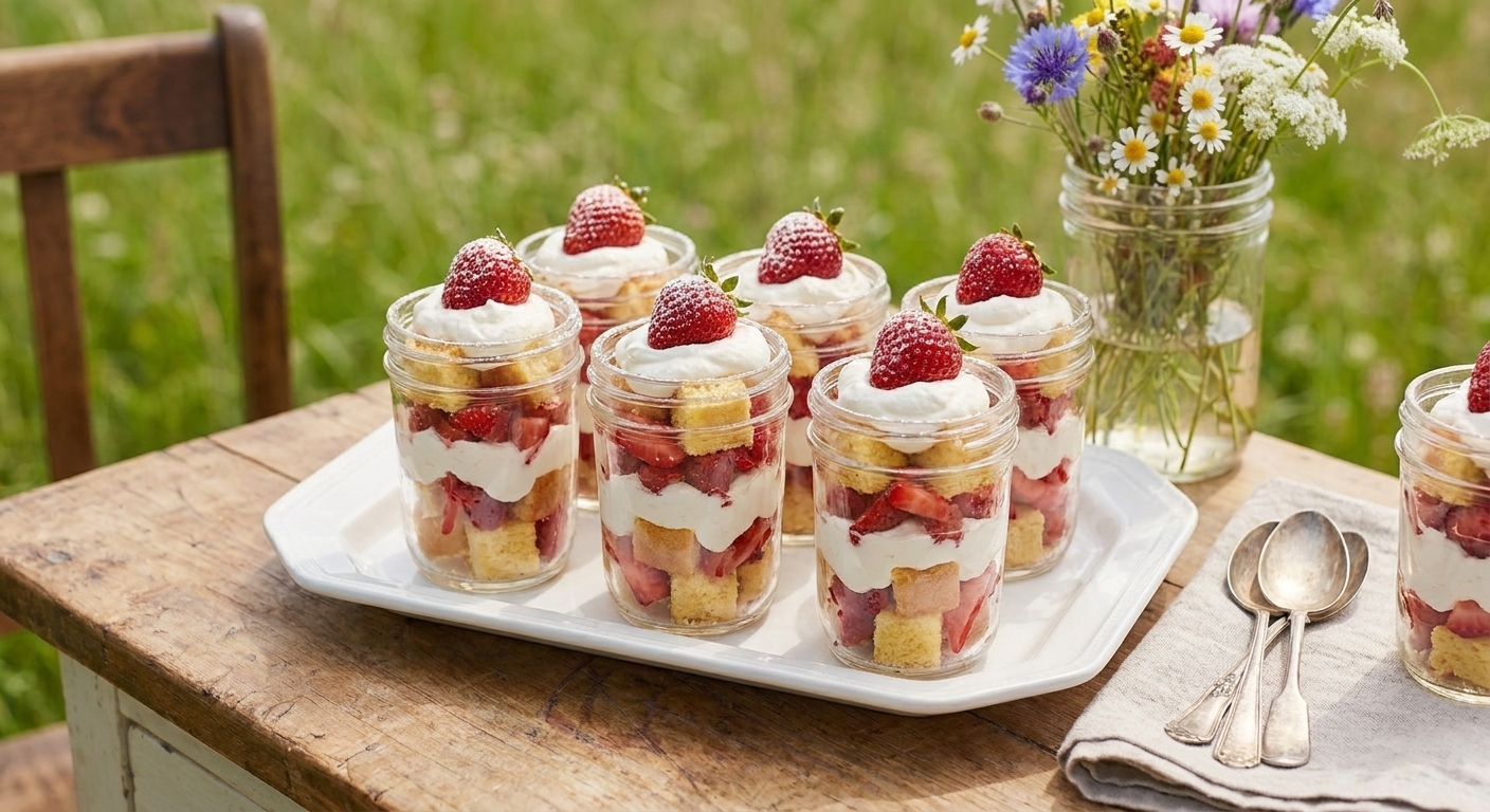 Glass jars filled with layers of strawberries, whipped cream, and cake cubes on a picnic table