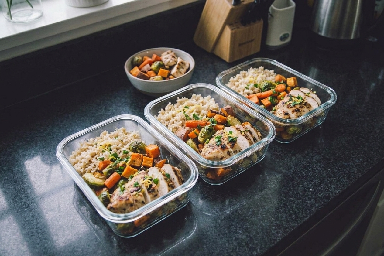 Glass meal prep containers filled with brown rice, roasted vegetables, and sliced chicken arranged on a kitchen counter