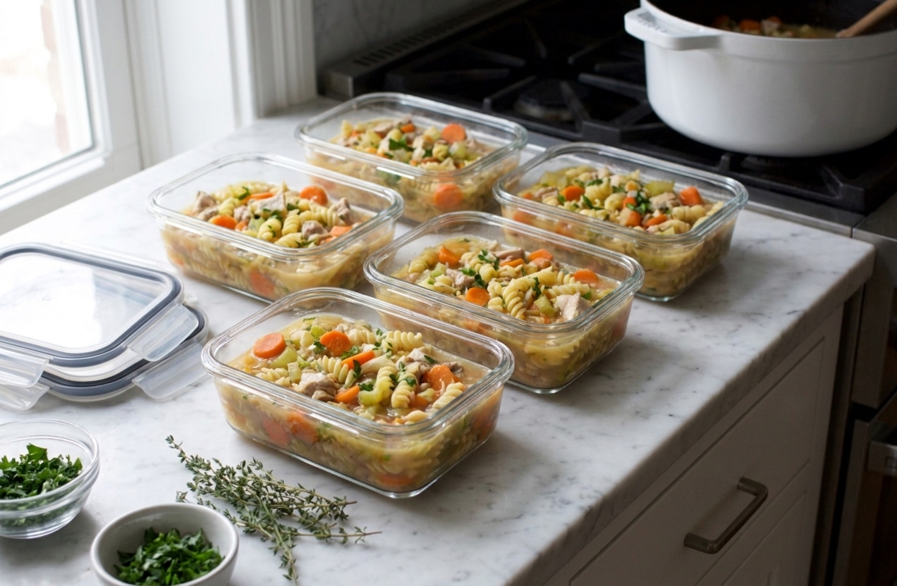 Glass meal prep containers filled with chicken soup on a kitchen counter with lids nearby