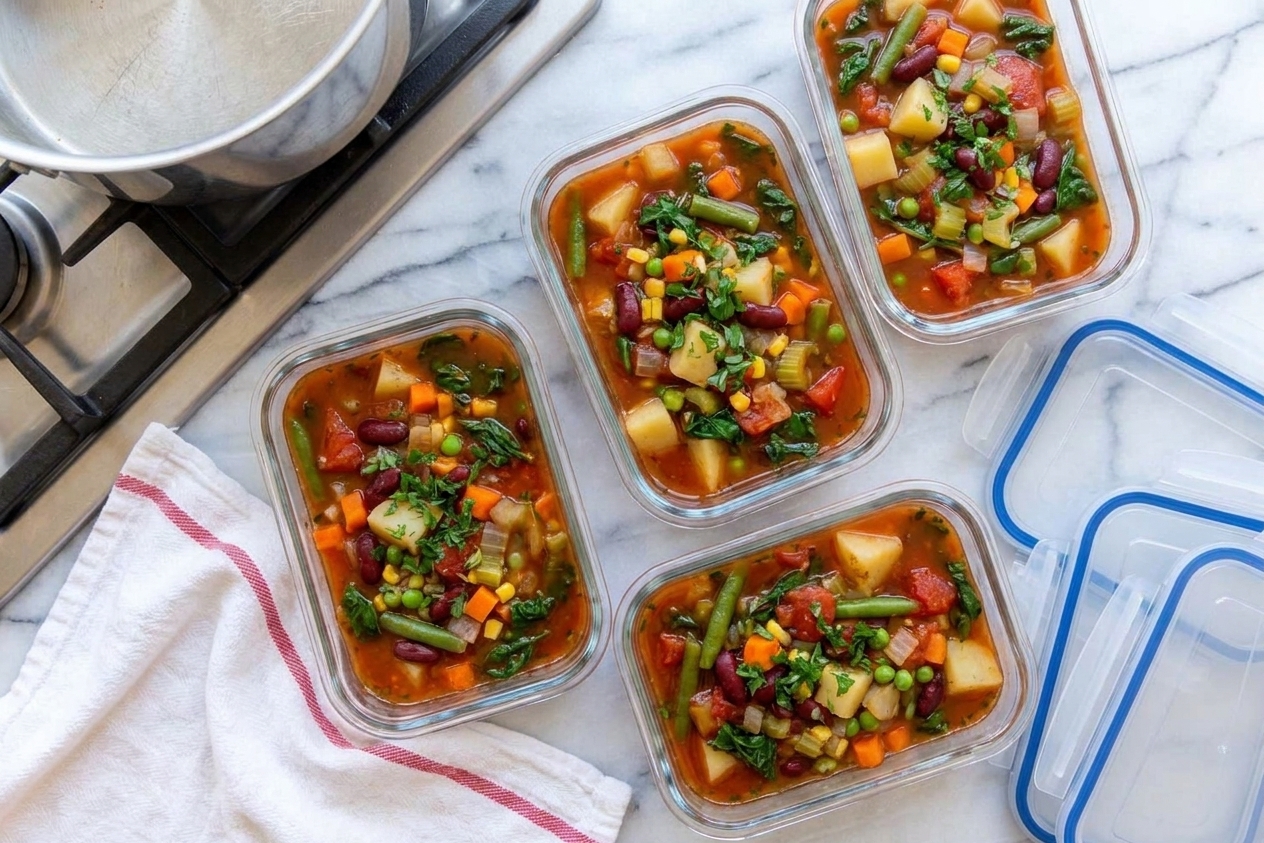 Glass meal prep containers filled with vegetable soup cooling on a kitchen counter, lids set nearby
