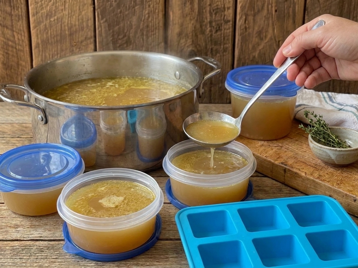 Golden chicken bone broth portioned into freezer-safe containers and a silicone tray on a kitchen counter
