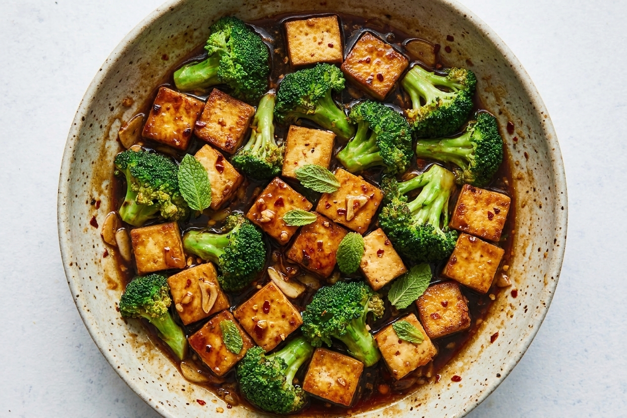 Golden cubes of tofu and bright green broccoli florets cooking in a skillet with a glossy garlic soy sauce
