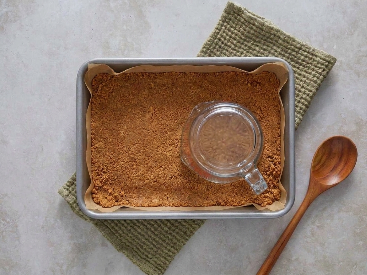 Graham cracker crumb mixture being pressed firmly into a parchment-lined 9x13-inch pan using the bottom of a measuring cup
