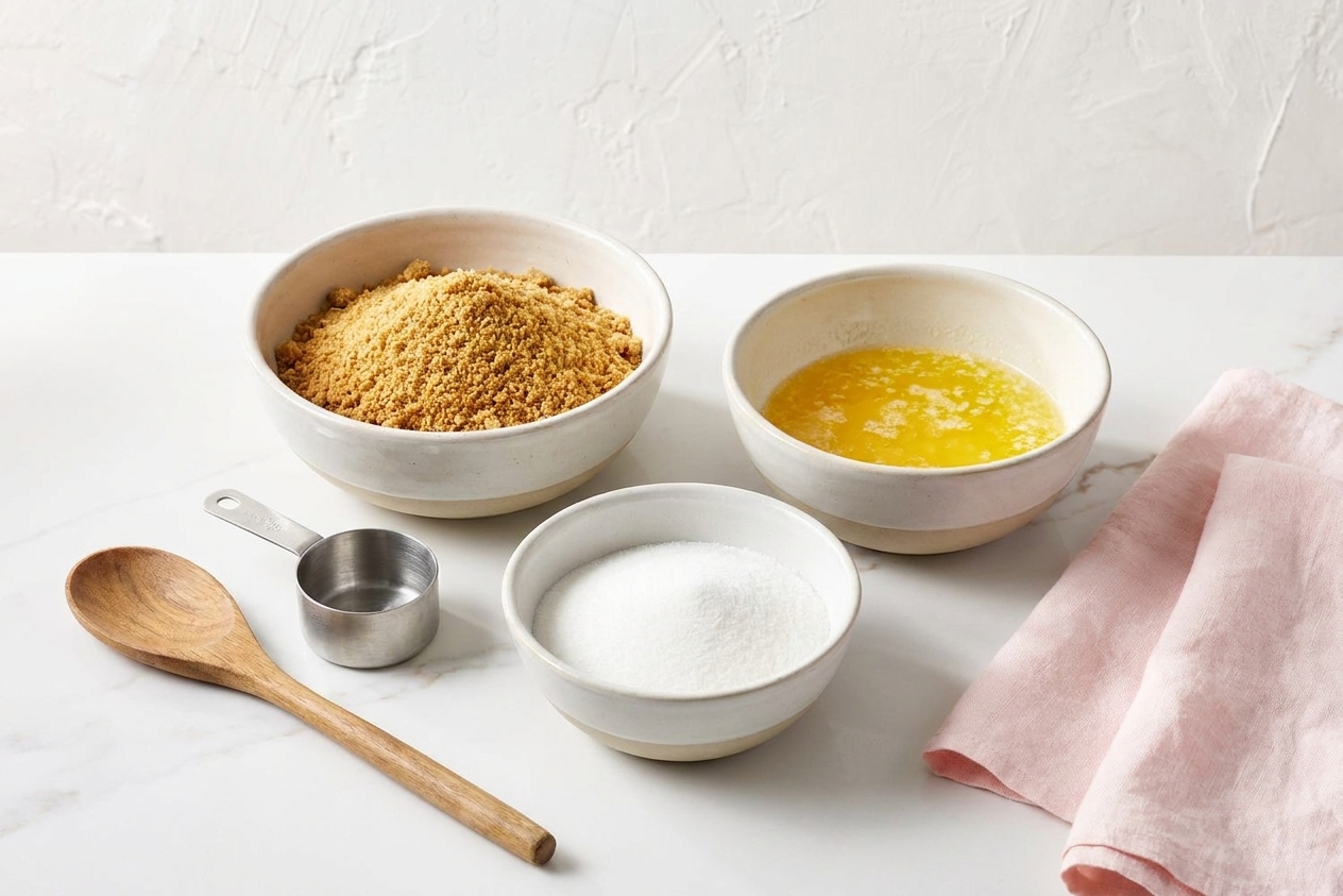 Graham cracker crumbs, melted butter, and sugar measured in bowls on a kitchen counter, ready to make a cheesecake crust