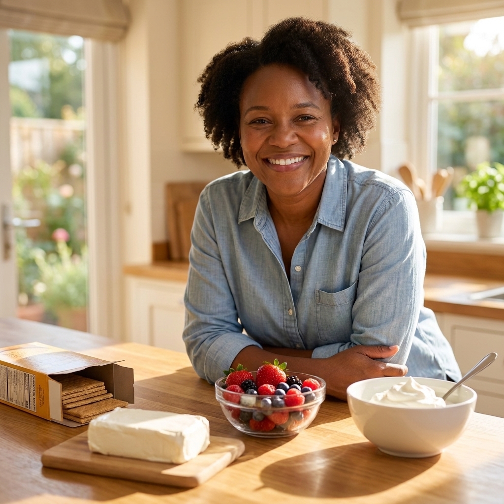 Graham crackers, cream cheese, fresh berries, and a bowl of whipped cream on a kitchen counter