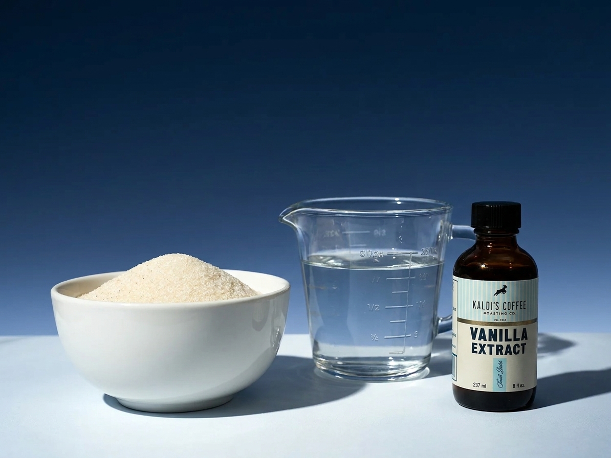 Granulated sugar in a bowl, a measuring cup of water, and a small bottle of vanilla extract arranged on a kitchen counter