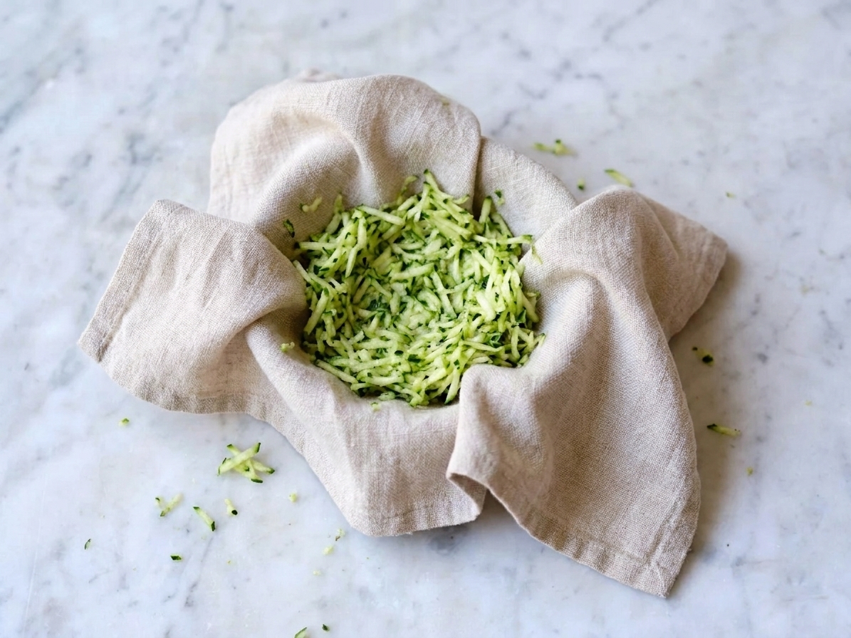 Grated zucchini gathered in a clean kitchen towel, ready to be gently squeezed to remove excess moisture
