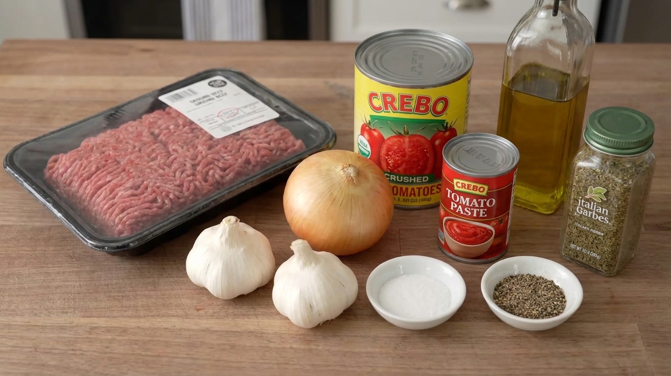 Ground beef, a yellow onion, whole garlic bulbs, canned tomatoes, tomato paste, olive oil, salt, pepper, and dried Italian herbs laid out on a kitchen counter