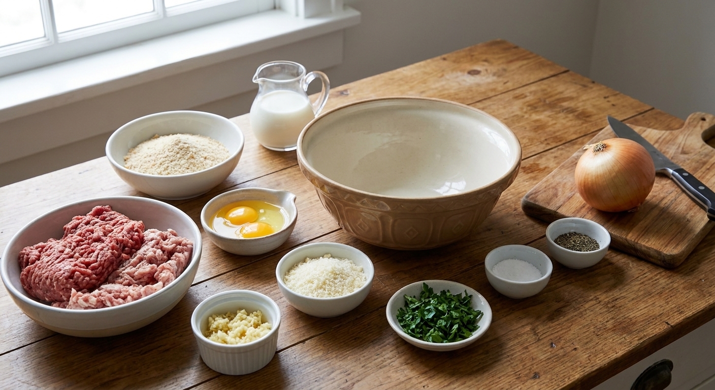 Ground beef and pork, breadcrumbs, milk, eggs, grated parmesan, minced garlic, chopped parsley, salt, pepper, and onion on a kitchen counter ready to prep