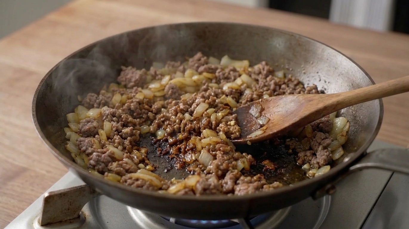 Ground beef browned in a pot with onions, showing caramelized bits on the bottom for extra flavor