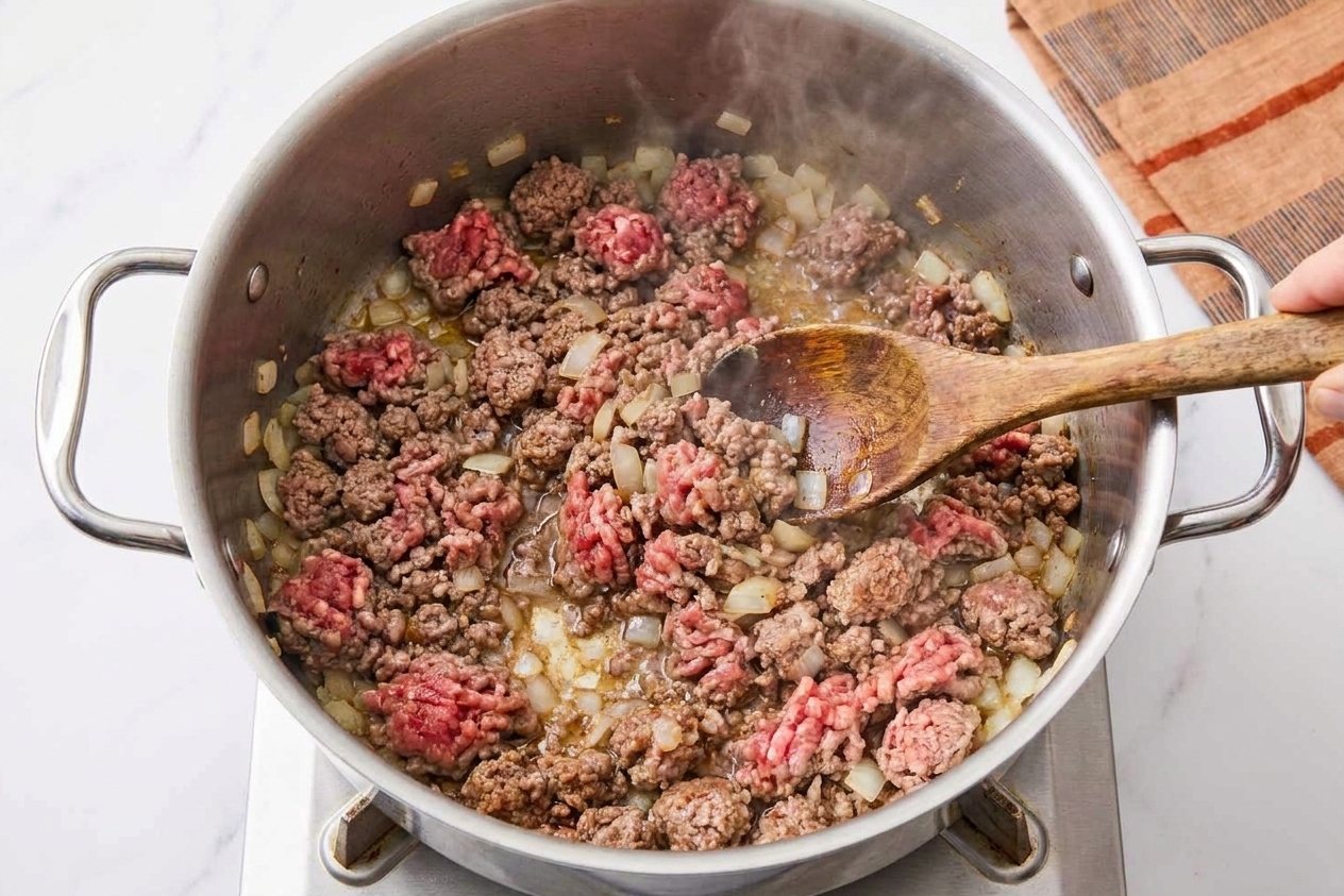 Ground beef browning in a deep pot with diced onions as a wooden spoon stirs while the onions soften