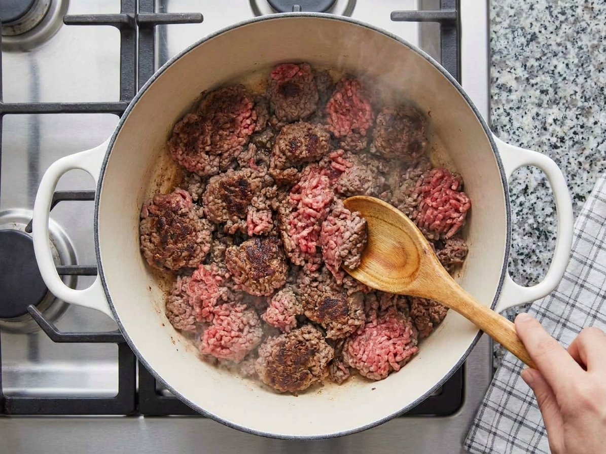 Ground beef browning in a large soup pot on a stovetop with a wooden spoon breaking it up