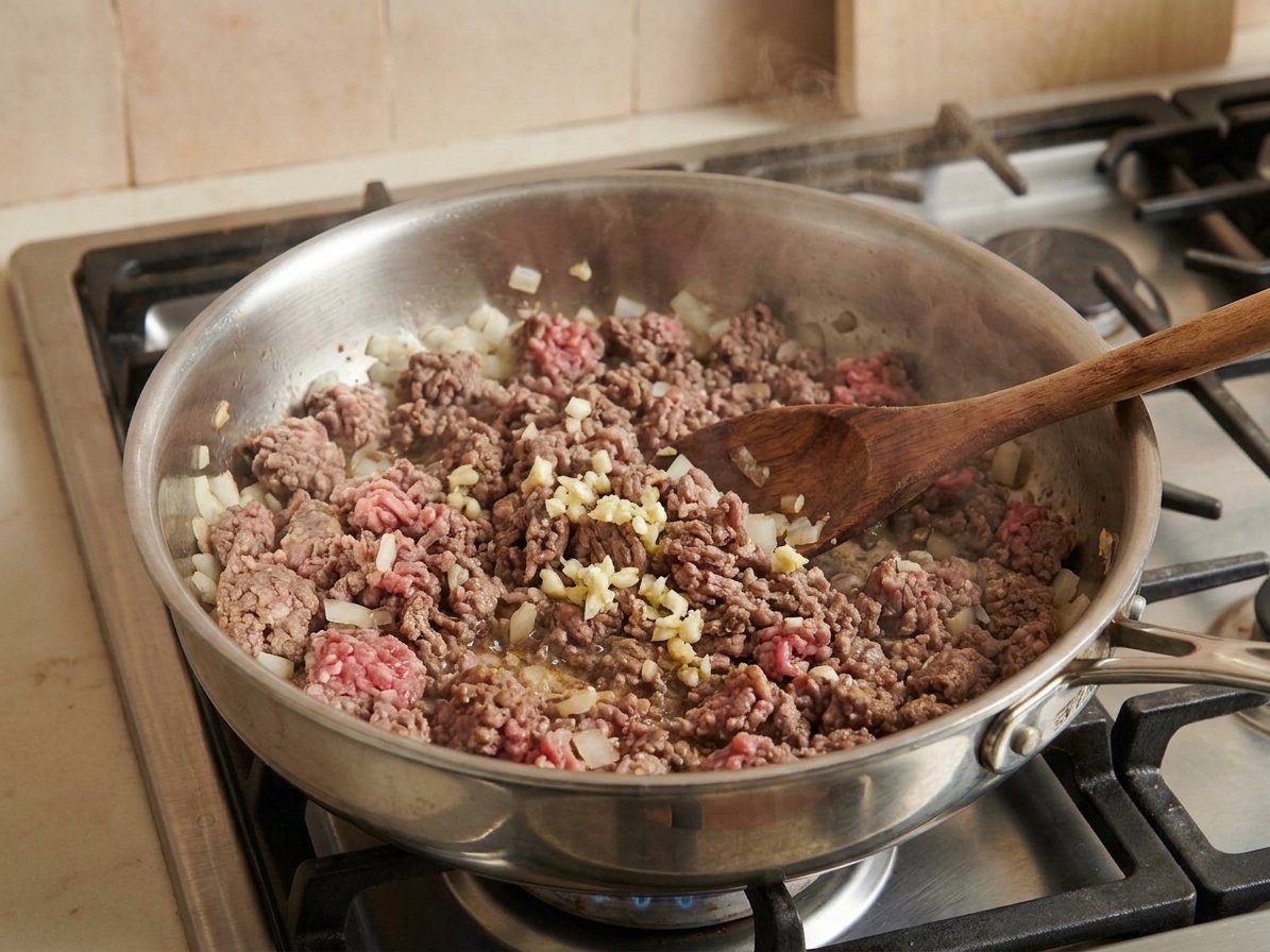 Ground beef browning in a wide skillet with chopped onions and garlic, a wooden spoon stirring as it cooks