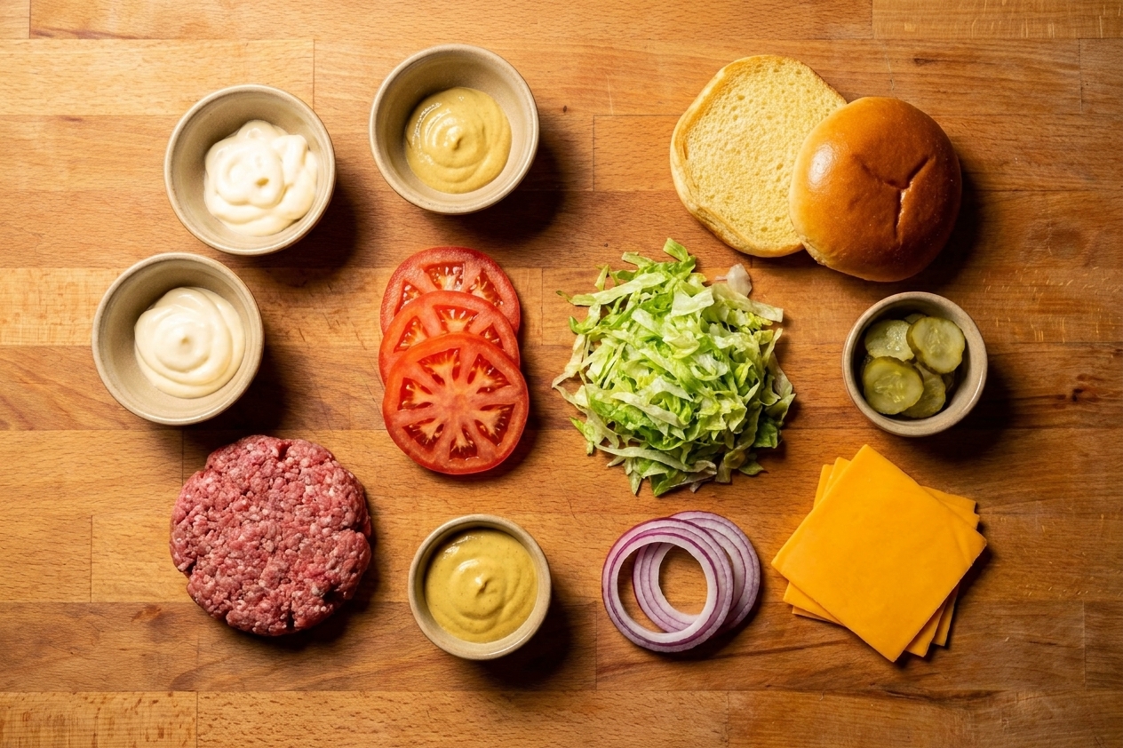 Ground beef, burger buns, sliced tomatoes, shredded lettuce, pickles, red onion, cheese slices, and small bowls of mayonnaise and mustard arranged on a bright kitchen counter