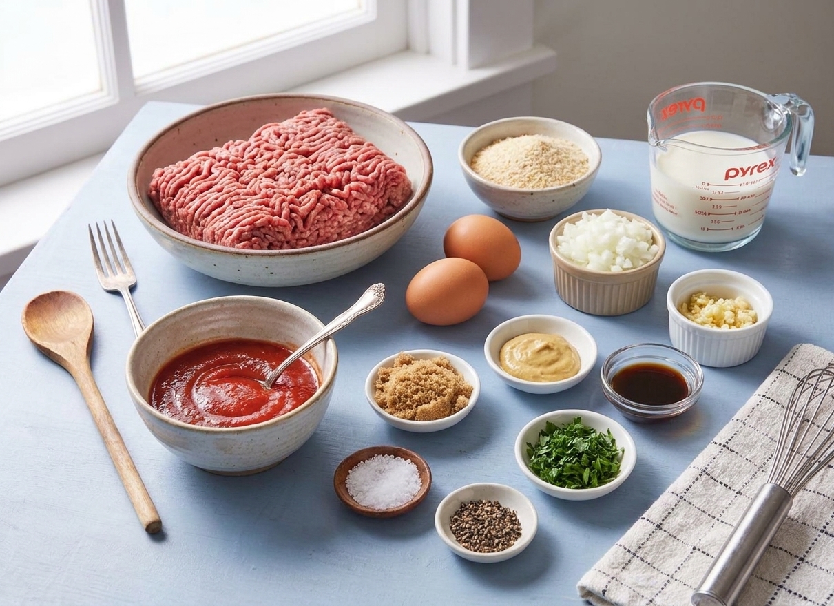 Ground beef, eggs, breadcrumbs, milk, onion, garlic, ketchup, brown sugar, mustard, Worcestershire sauce, salt, pepper, and parsley arranged on a kitchen counter
