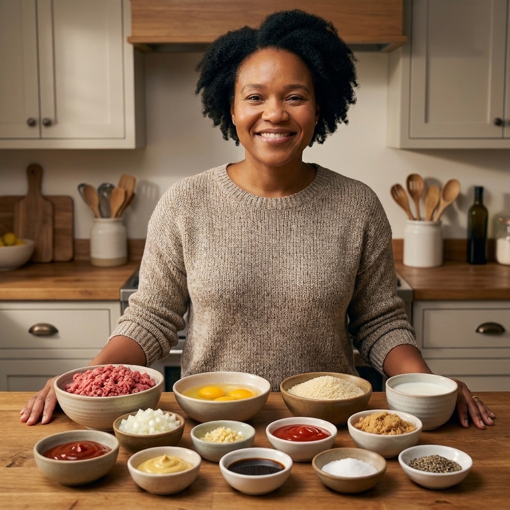 Ground beef, eggs, panko breadcrumbs, milk, onion, garlic, ketchup, brown sugar, Dijon mustard, Worcestershire sauce, salt, and pepper measured out in small bowls