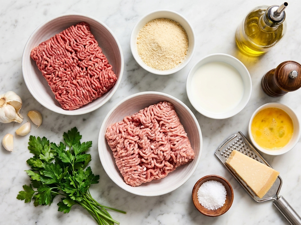 Ground beef, ground pork, breadcrumbs, milk, eggs, garlic, parsley, parmesan, salt, pepper, and olive oil arranged on a kitchen counter