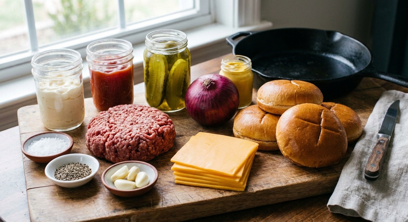 Ground beef, salt, black pepper, garlic, cheddar slices, burger buns, pickles, onion, mayonnaise, ketchup, and mustard arranged on a kitchen counter