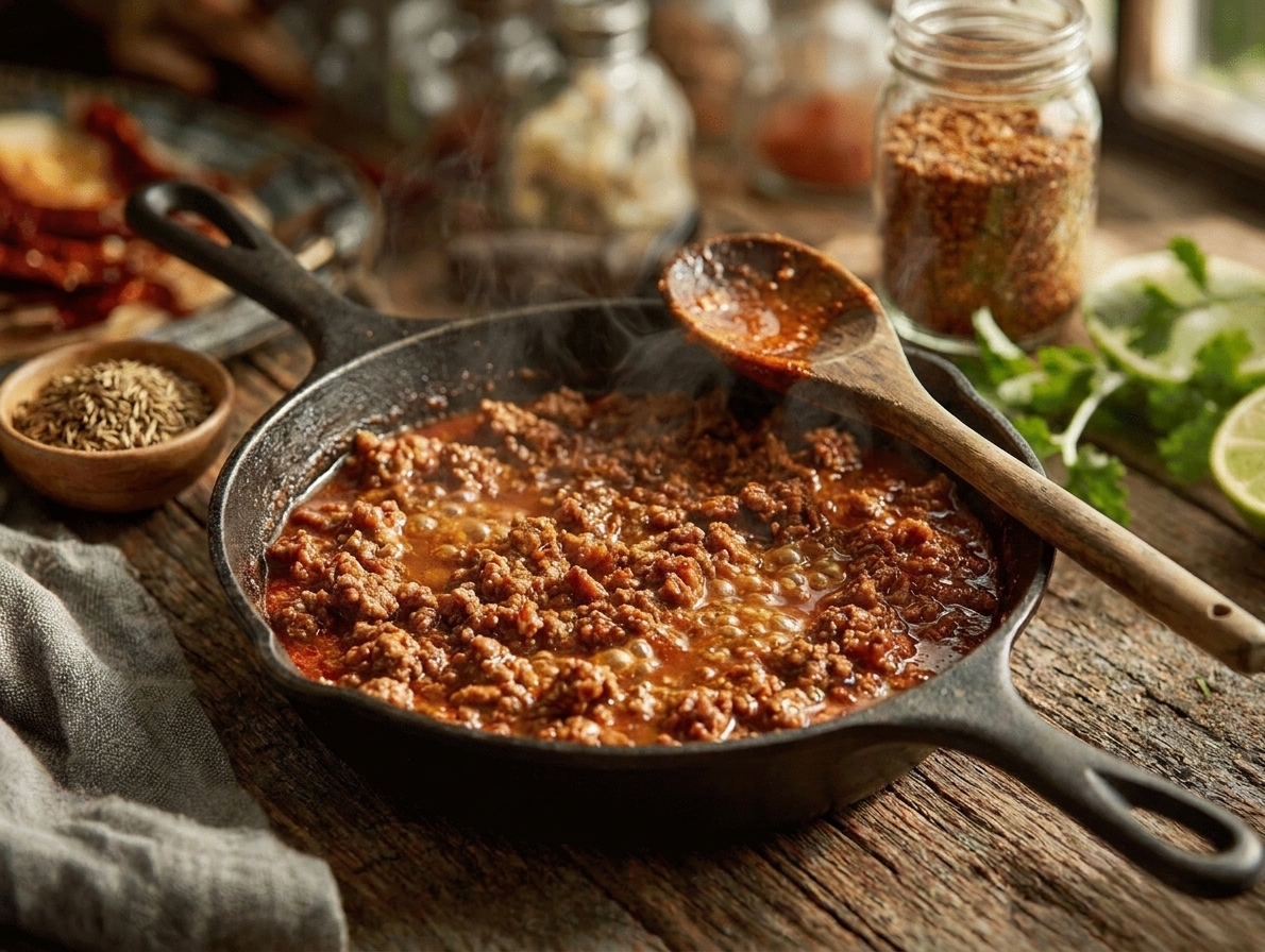 Ground beef taco meat simmering in a skillet with a wooden spoon resting on the edge
