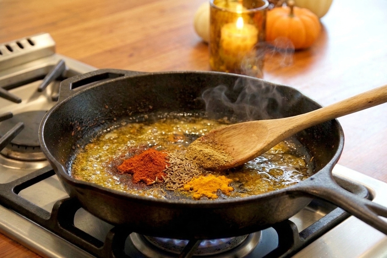 Ground spices being stirred in warm oil in a small skillet as they bloom and become fragrant